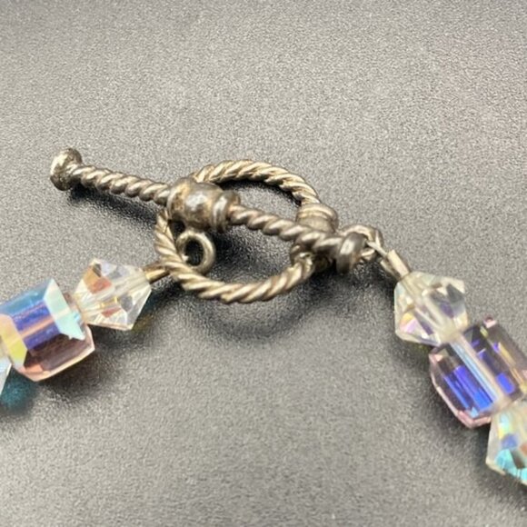 Vtg  Bracelet Sterling Silver Crystal Clear AB Pink Cube Bicone Faux Pearl  7" - Picture 2 of 8